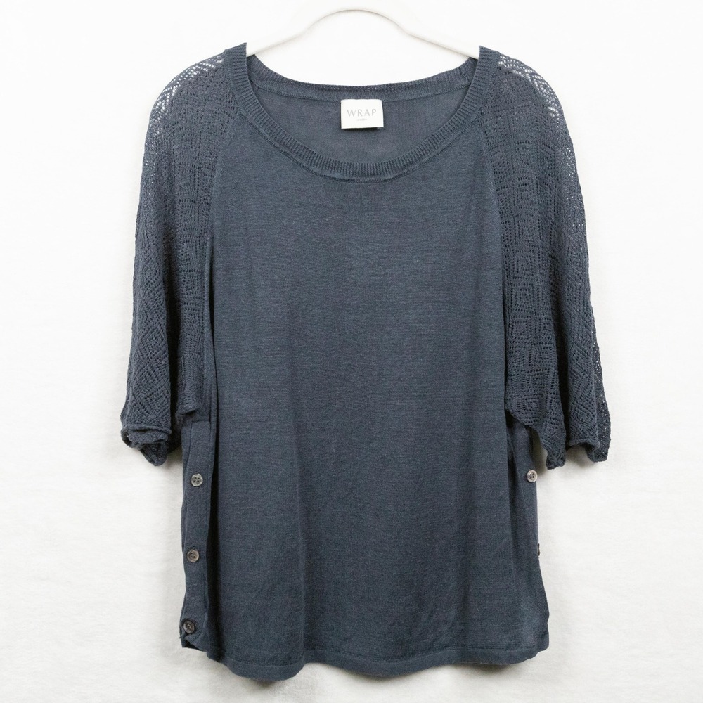 WRAP LONDON 100% Linen Pointelle Raglan Side Button Sweater Slate Blue Sz 4/6